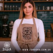 Фартух живу як хочу, на моделі, кухня на фоні, бренд Згадка.