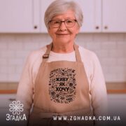 Фартух живу як хочу, на жінці, світлий фон, бренд Згадка.