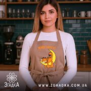 Фартух живу мрією з котом, бежевий, на моделі в кухні, бренд Згадка.