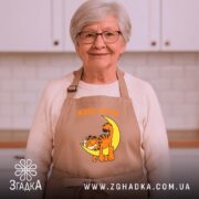 Фартух живу мрією з котом, бежевий, на жінці з окулярами, бренд Згадка.