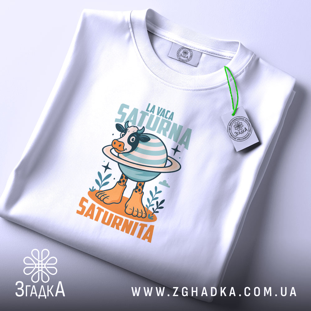 Футболка корова La Vaca Saturna, складена, біла, принт корови з планетою, Згадка.