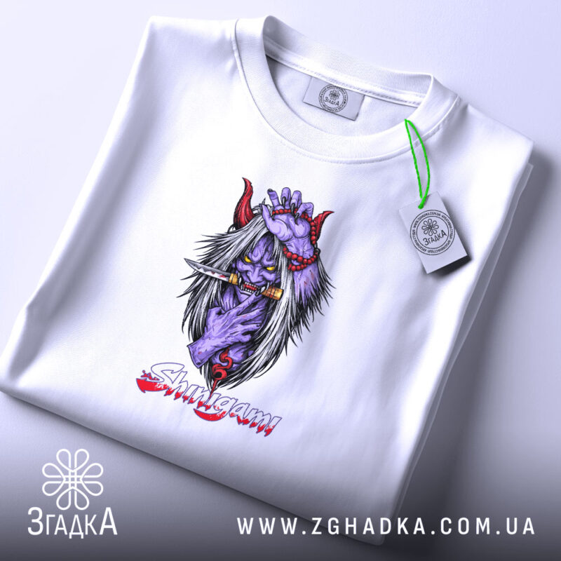 Футболка шінігамі японський демон, біла, складена, деталі принта, Згадка.