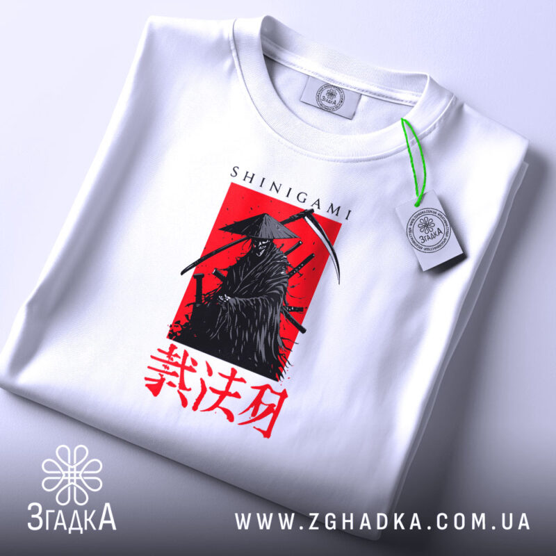 Футболка Шінігамі містичний дизайн, біла, складена, деталі принта, бренд Згадка.