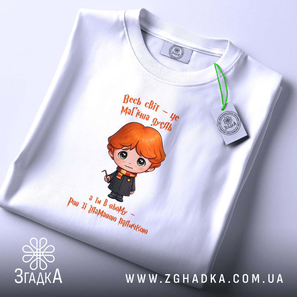 Футболка Світ, як магічна дуель, складена, з етикеткою, бренд Згадка.