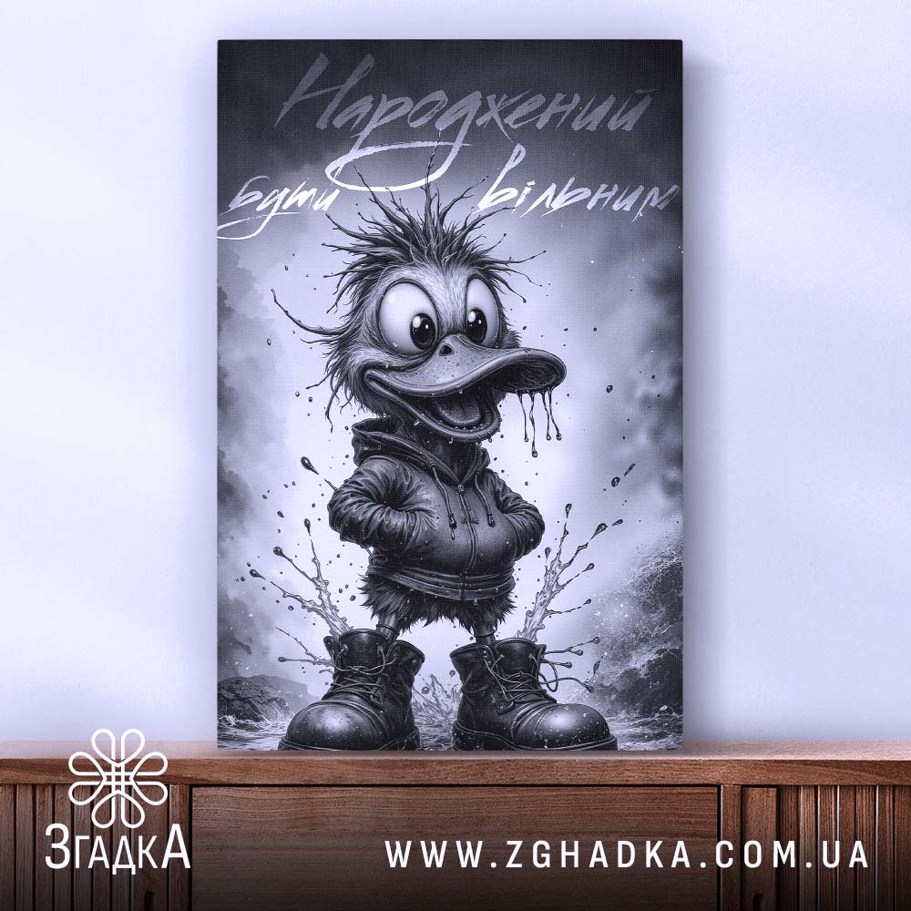 Холст народжений бути вільним, каченя в чорному худі, бренд Згадка.