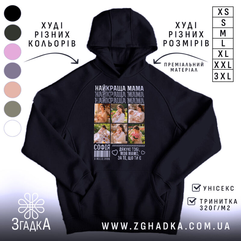 Худі найкраща мама з фото, чорний колір, капюшон, принт Згадка.