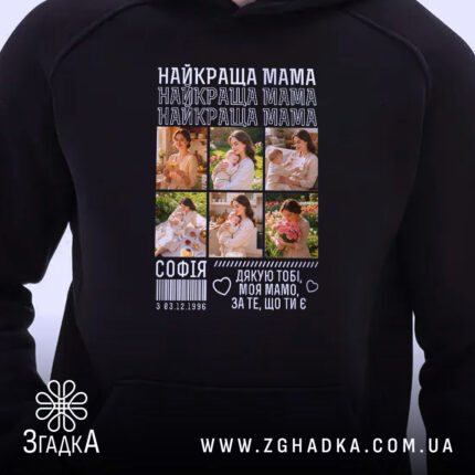 Худі найкраща мама з фото, близький план, чорний фон, принт Згадка.
