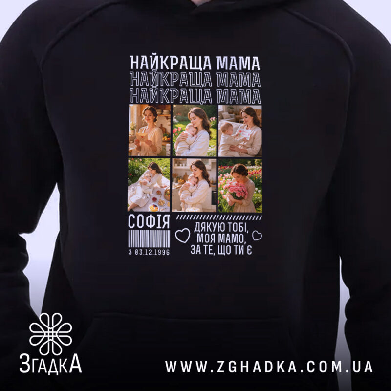 Худі найкраща мама з фото, близький план, чорний фон, принт Згадка.