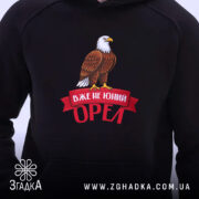 Худі вже не юний орел, близький план, чорний фон, яскравий принт, бренд.