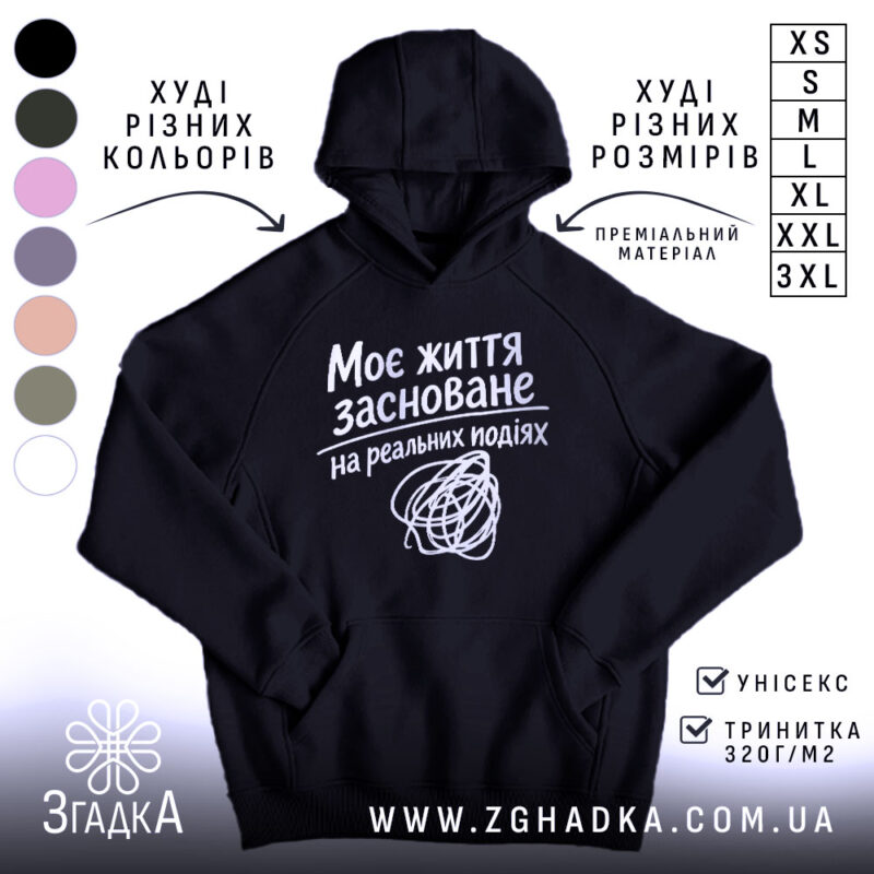 Худі життя на реальних подіях, чорний колір, капюшон, принт, бренд Згадка.