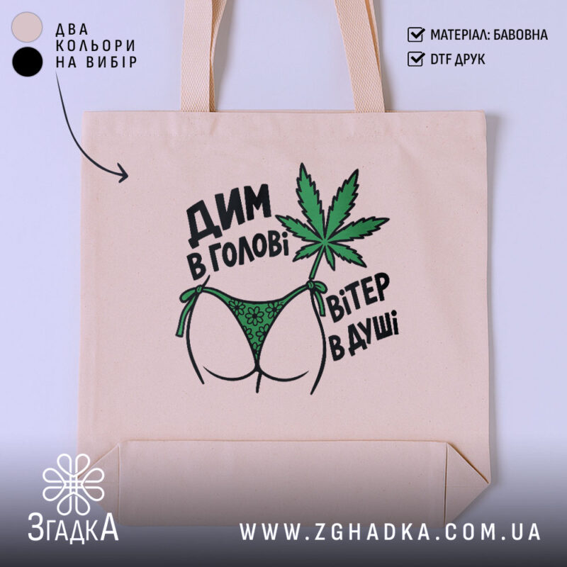 Шопер дим в голові з бежевим фоном, принт з листям, бренд Згадка.