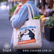 Шопер кальянні війська бежевий з продуктами, принт пінгвіна, бренд Згадка.