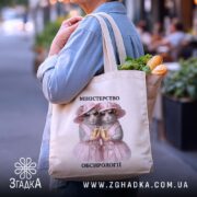 Шопер міністерство обсирології, бежевий, на плечі, фон вуличний, бренд Згадка.