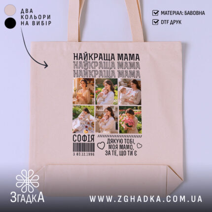 Шопер найкраща мама з фото, бежевий фон, принт з фото, бренд Згадка.