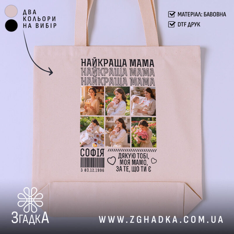 Шопер найкраща мама з фото, бежевий фон, принт з фото, бренд Згадка.