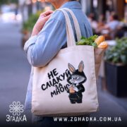 Шопер не слідкуй за мною, бежевий, з продуктами, на вулиці, бренд Згадка.