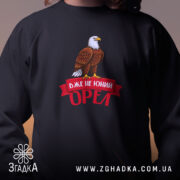 Світшот вже не юний орел, чорний колір, крупний план на принт, горловина.