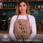 Фартух без кави я ще не заварився, бежевий, на моделі в кухні,.