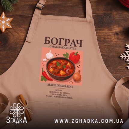 Фартух бограч, бежевий, на дерев'яному фоні, бренд Згадка.