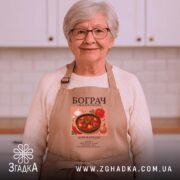 Фартух бограч, бежевий, на жінці, кухня на фоні, бренд Згадка.