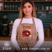Фартух борщ на жінці, кухонний фон, принт борщу, бренд Згадка.