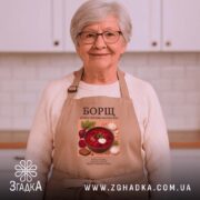 Фартух борщ на літній жінці, світлий фон, принт борщу, бренд Згадка.