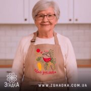 Фартух час для себе, бежевий, на жінці з сивим волоссям, бренд Згадка.