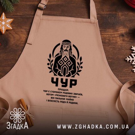 Фартух Чур слов’янський захисник, бежевий, на дерев'яному фоні, бренд Згадка.