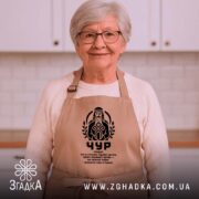 Фартух Чур слов’янський захисник, бежевий, на жінці в кухні, бренд Згадка.