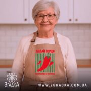 Фартух додай перцю, бежевий, на жінці, кухня на фоні, Згадка.