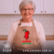 Фартух гаряча штучка, бежевий, на літній жінці, усмішка, домашній інтер'єр, бренд Згадка.