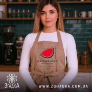 Фартух кавун символ літа, бежевий на моделі в кухні, бренд Згадка.