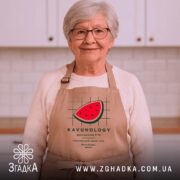 Фартух кавун символ літа, бежевий на жінці з сивим волоссям, бренд Згадка.