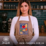 Фартух літня дієта, бежевий на моделі, кухня в фоні, бренд Згадка.