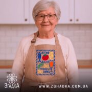 Фартух літня дієта, бежевий на жінці, кухня в фоні, бренд Згадка.