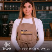 Фартух люди не рекомендую, бежевий, на моделі в кухні, бренд Згадка.