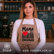 Фартух мама унікальна, бежевий, на моделі на кухні, бренд Згадка.