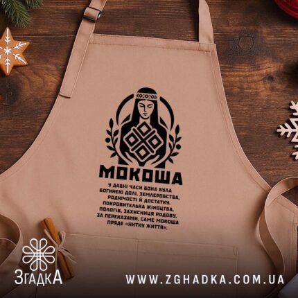 Фартух Мокоша етно стиль, бежевий, на дерев'яному фоні, бренд Згадка.
