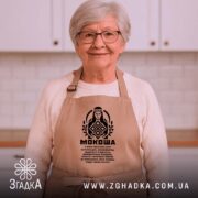 Фартух Мокоша етно стиль, бежевий, на жінці з окулярами, бренд Згадка.