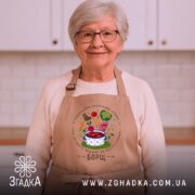 Фартух принт борщ на бабусі, з усмішкою на фоні кухні, бренд Згадка.