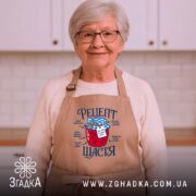Фартух рецепт щастя, бежевий, жінка у кухні, принт з варенням, бренд Згадка.