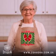 Фартух смак літа, бежевий, на жінці, світлий фон, бренд Згадка.