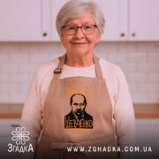 Фартух вайб Тарас Шевченко, бежевий, на жінці в кухні, бренд Згадка.