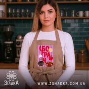 Фартух з принтом бограч, на моделі, кухня на фоні, бренд Згадка.