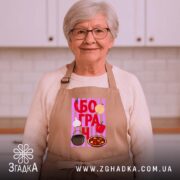Фартух з принтом бограч, на жінці, світлий фон, усмішка, бренд Згадка.