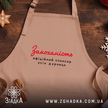 Фартух закоханість офіційний спонсор, бежевий колір, на дерев'яному фоні, принт на грудях,.