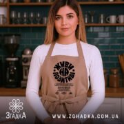 Фартух живи на позитиві, бежевий, на моделі в кухні, бренд Згадка.