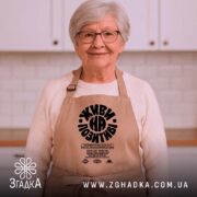 Фартух живи на позитиві, бежевий, на жінці з окулярами, бренд Згадка.