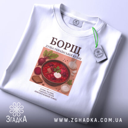Футболка борщ на столі, біла, з етикеткою, бренд Згадка.