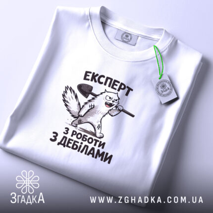 Футболка експерт з роботи з дебілами, складена, біла, принт з котом, бренд.